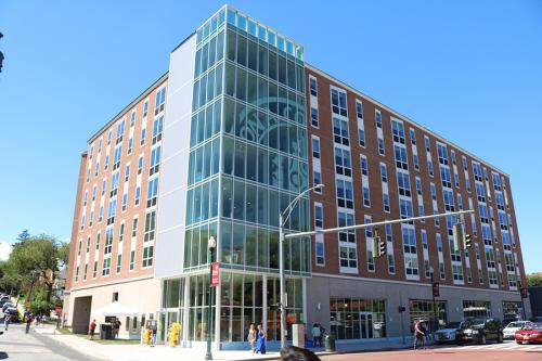 The North Avenue Residence Hall features a large glass window and faces North Avenue.