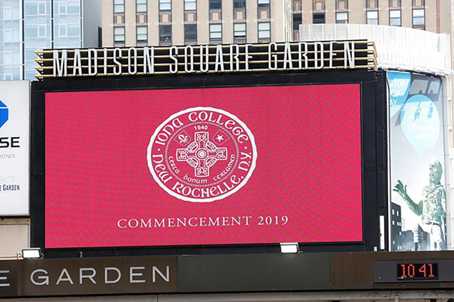 The 2019 commencement marquee at Madison Square Garden.