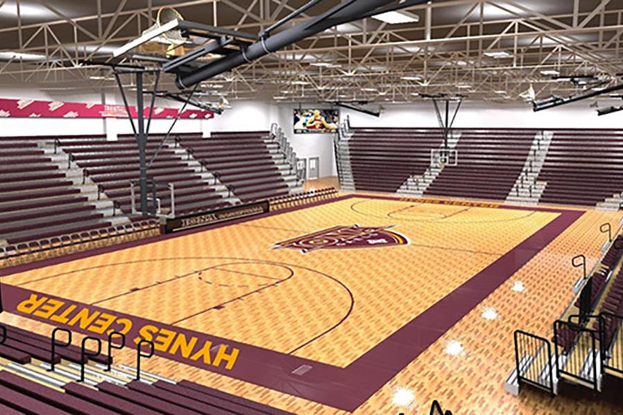 A computer generated image of the improved Hynes Center baskteball court.