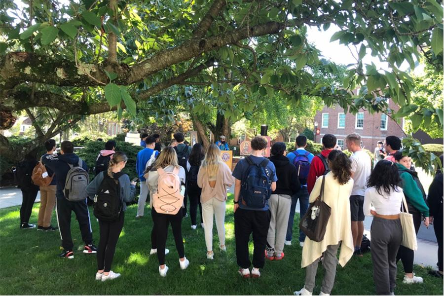 Students assemble for the Seasons of Creation event.