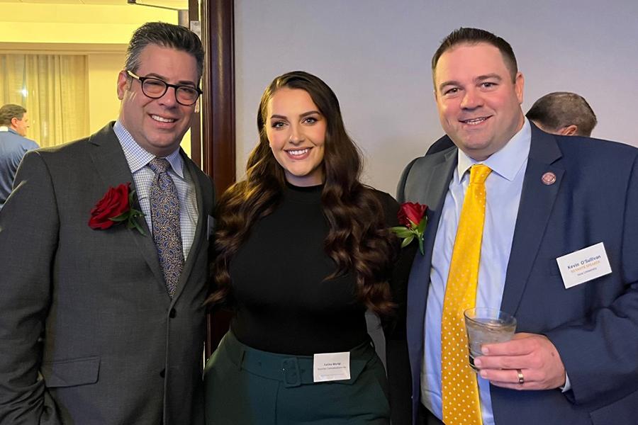 Emcee Matt Scott, Fox 61 Hartford reporter; Fatime Muriqi, Marketing Director, Westfair Communications and Kevin O'Sullivan.