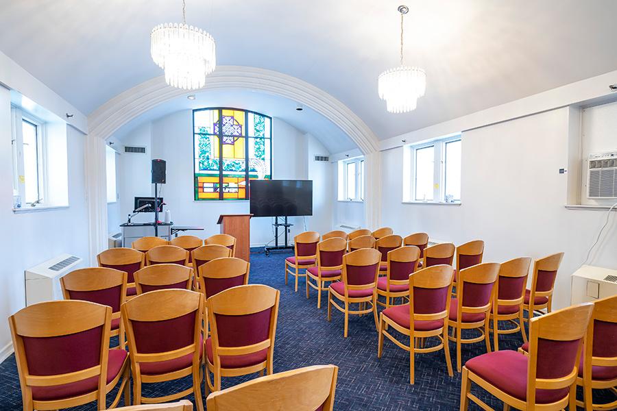 Driscoll Dining Room set up for a presentation.