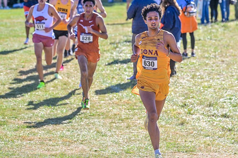 An Iona cross country runner leading the pack.