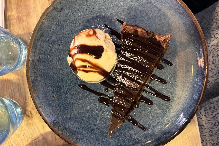 Chocolate almond tart with ice cream from The Towers.