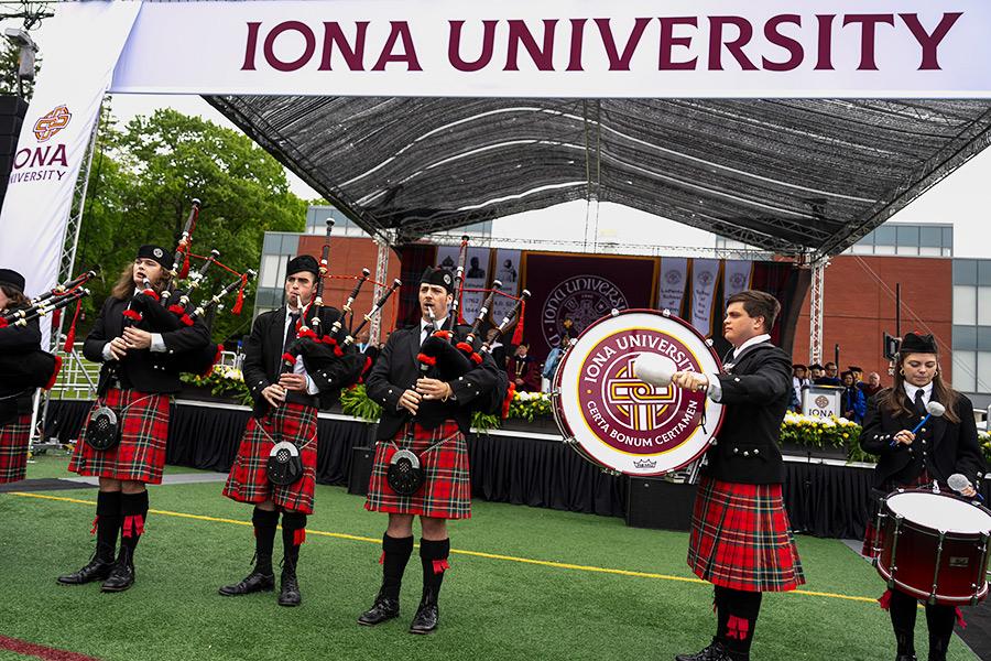 The pipers play at the 2024 Commencement ceremony.