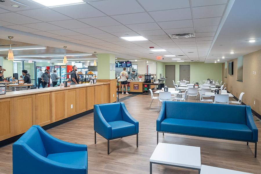 Blue couches and chairs in the Bronxville Cafe.