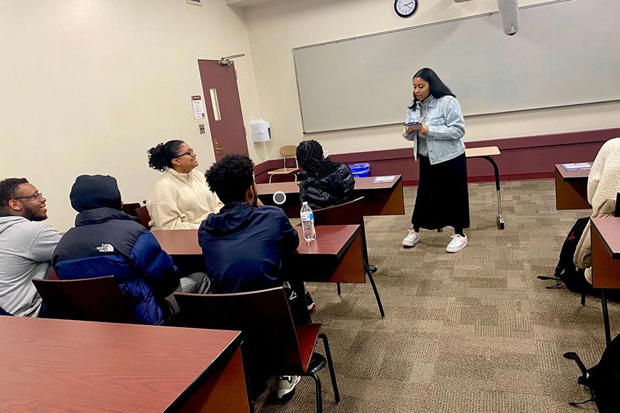 Members of BSU at a meeting in a classroom.