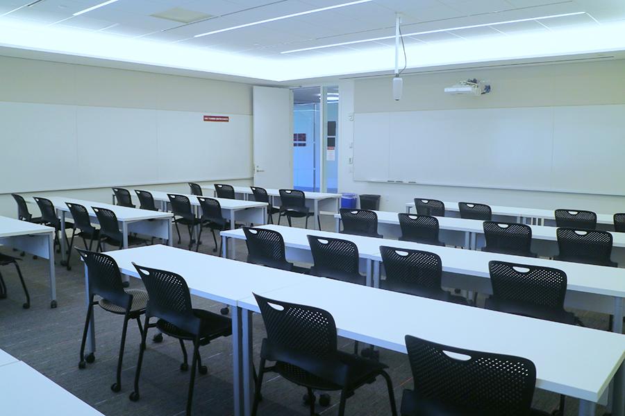 A classroom in the LaPenta School of Business facing the front.