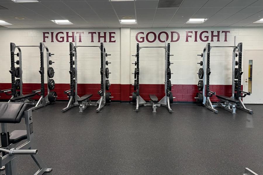 Front view of the racks in the Iona weight room.