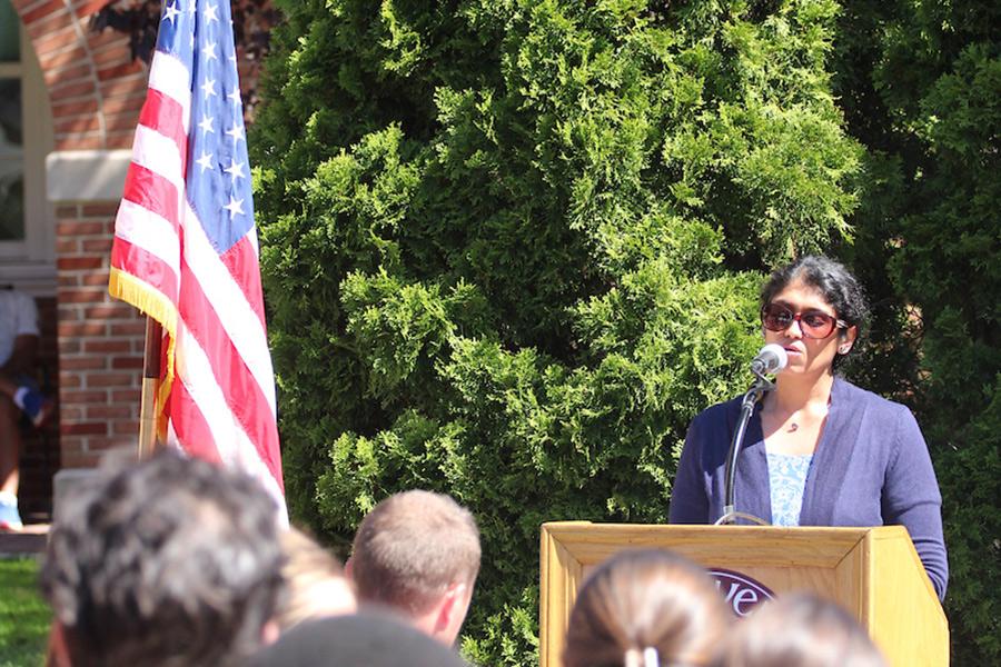 Rachana Umashankar speaking at the 9/11 memorial service.