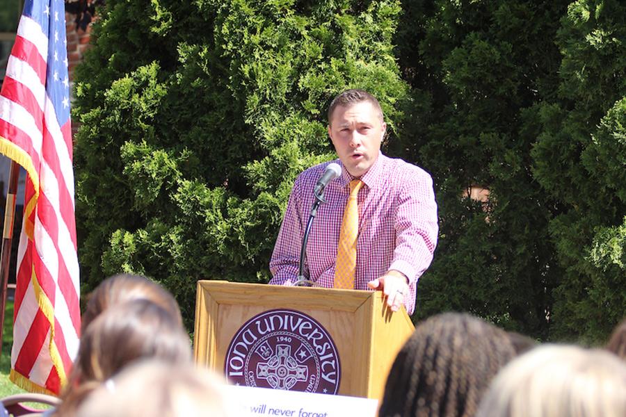 Sean D’Alfonso speaking at the 9/11 memorial service.