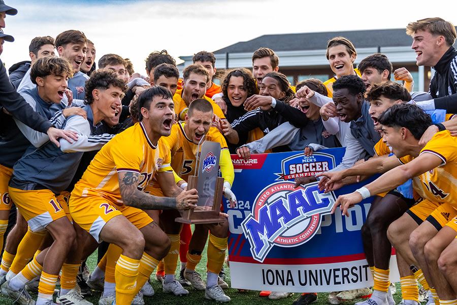 The 2024 men's soccer team celebrates their victory.