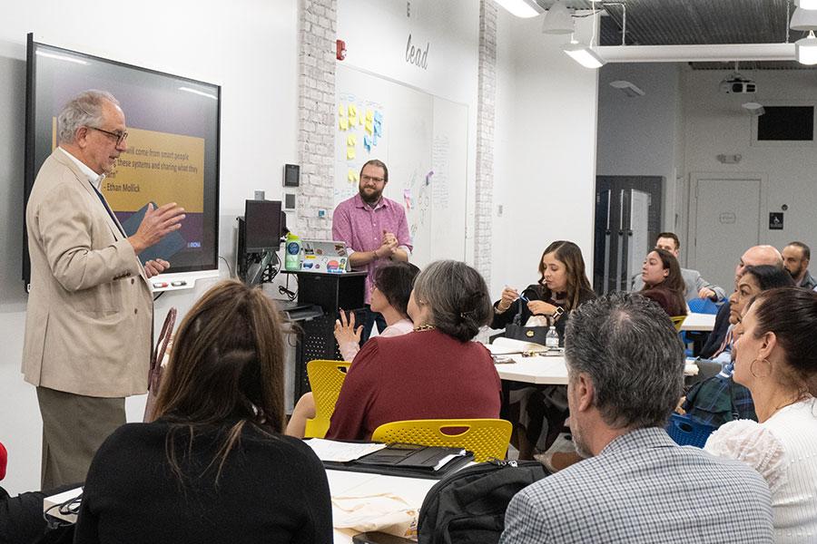 Iona's Jim Mustich in front of class - AI Micro Credential Program with Yonkers Public Schools