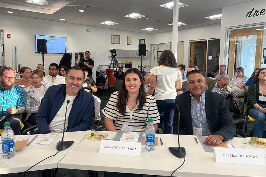 Spring 2024 IIC Final Pitch Judges (left to right) Tony Goncalves ‘95, Marina Falisi ‘17, ‘18MBA, Maz Malik ‘07, '10MBA