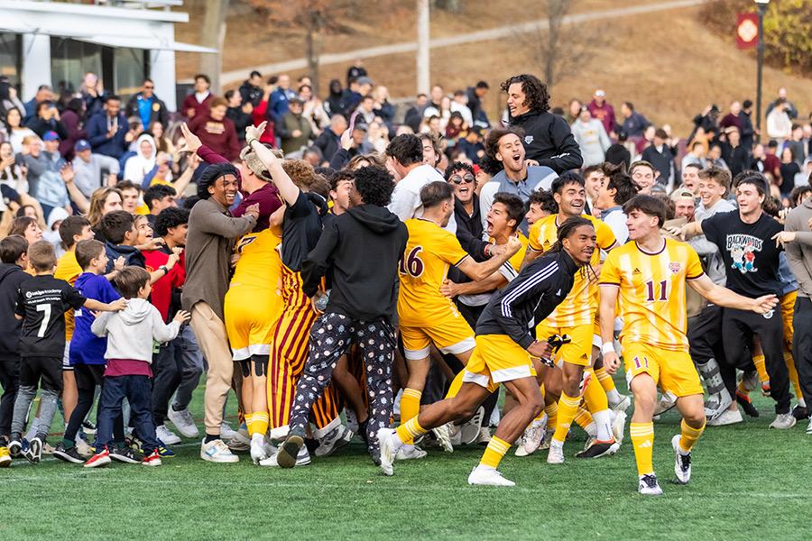 The crows celebrates after the 2024 men's soccer team victory.