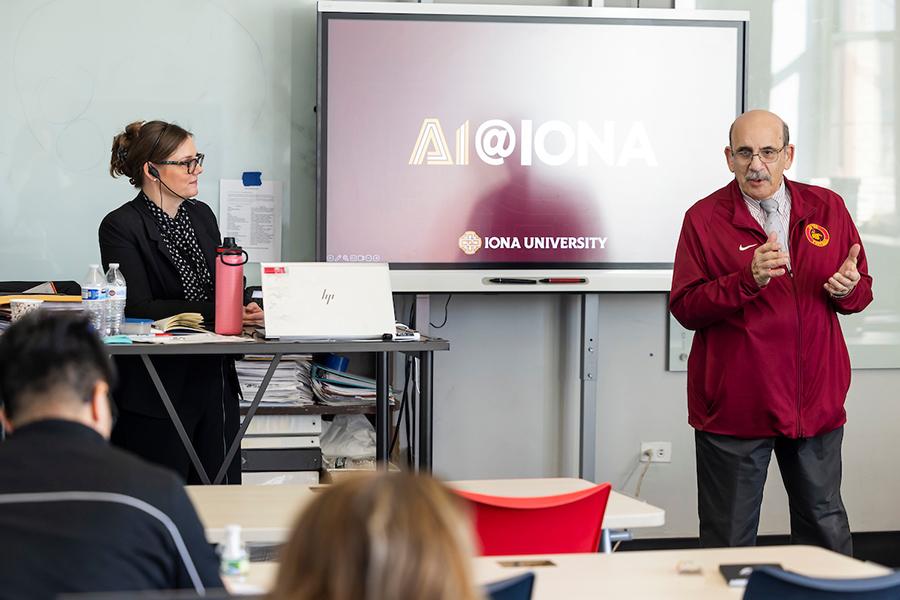 Christine Hardigree and a Cardinal Hayes administrator give a talk at the AI@Iona meeting.