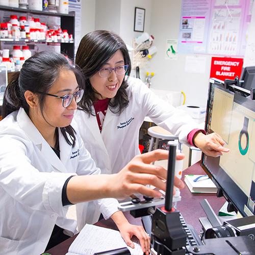 Sunghee Lee works with a student in her lab.