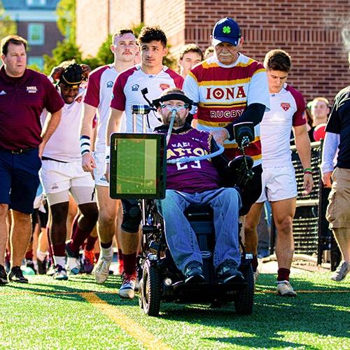 Patrick Quinn'06 leads the Iona Rugby team onto Mazzella Field