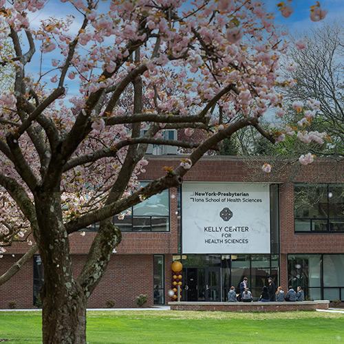 Students study outside of the Kelly Center on a spring day.