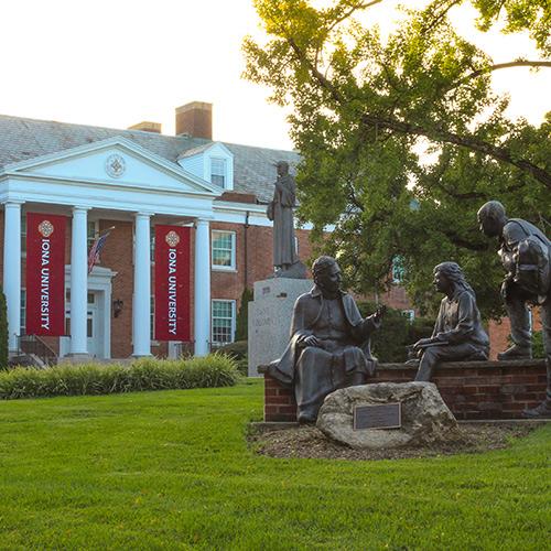 McSpedon Hall with the statues in front.