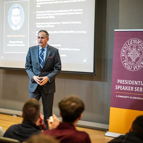 Mr. Saviano speaking at the Presidential Speaker Series.