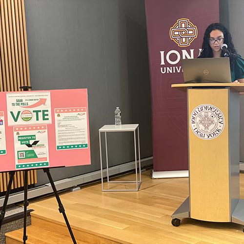 A student speaker at the vote event.