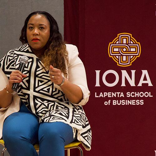 A speaker at the Black History Month alumni panel event.