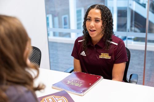 An ethics student in an Iona Gaels jersey.