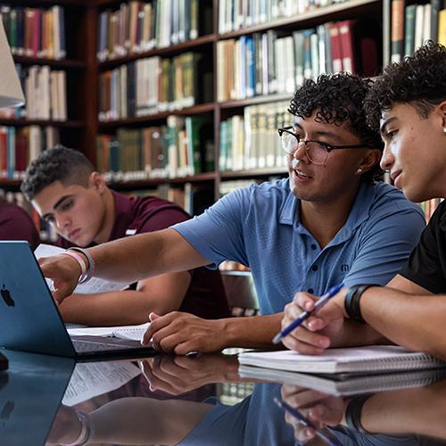 Two students study together in the library.