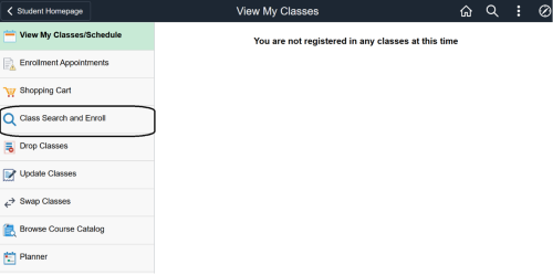 Class Search and Enroll circled in the sidebar.