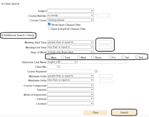 Additional Search Criteria is circled as well as fields for times and days of the week.