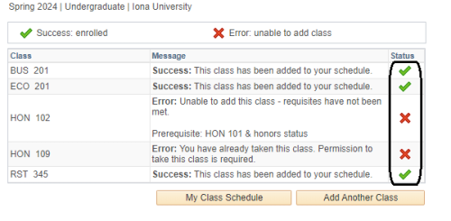 Status updates showing green check marks and red Xs are circled.