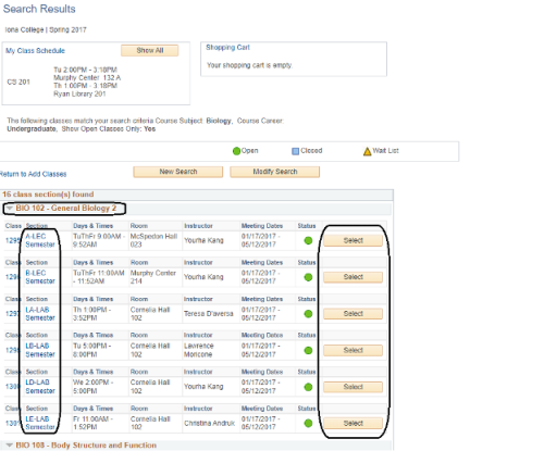 The course options circled on the left and the select buttons circled on the right.