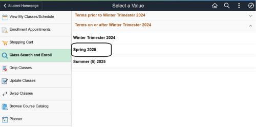 The Spring 2025 semester option circled.