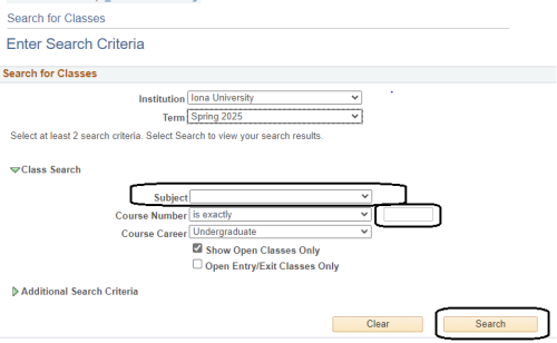 The subject option is circled on the search courses page.