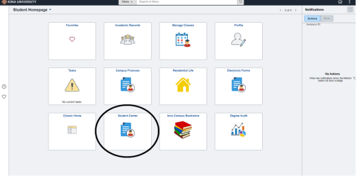 The Student Center tile circled on the PeopleSoft home screen.