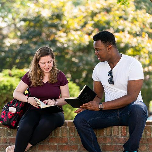 Two students compare notes outside on a sunny day.