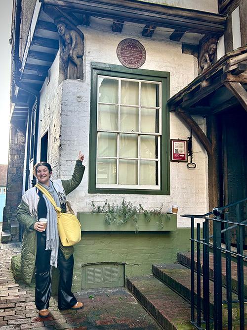 Nora points to a house Thomas Paine lived in in England.